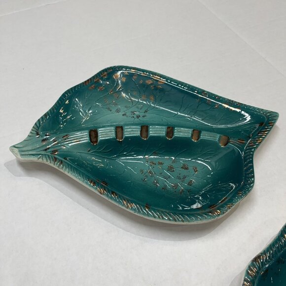 Vintage Ceramic Ashtray Leaf Shape Japan Green Swirl Glazed MCM Retro Set Of 2 - Picture 10 of 16